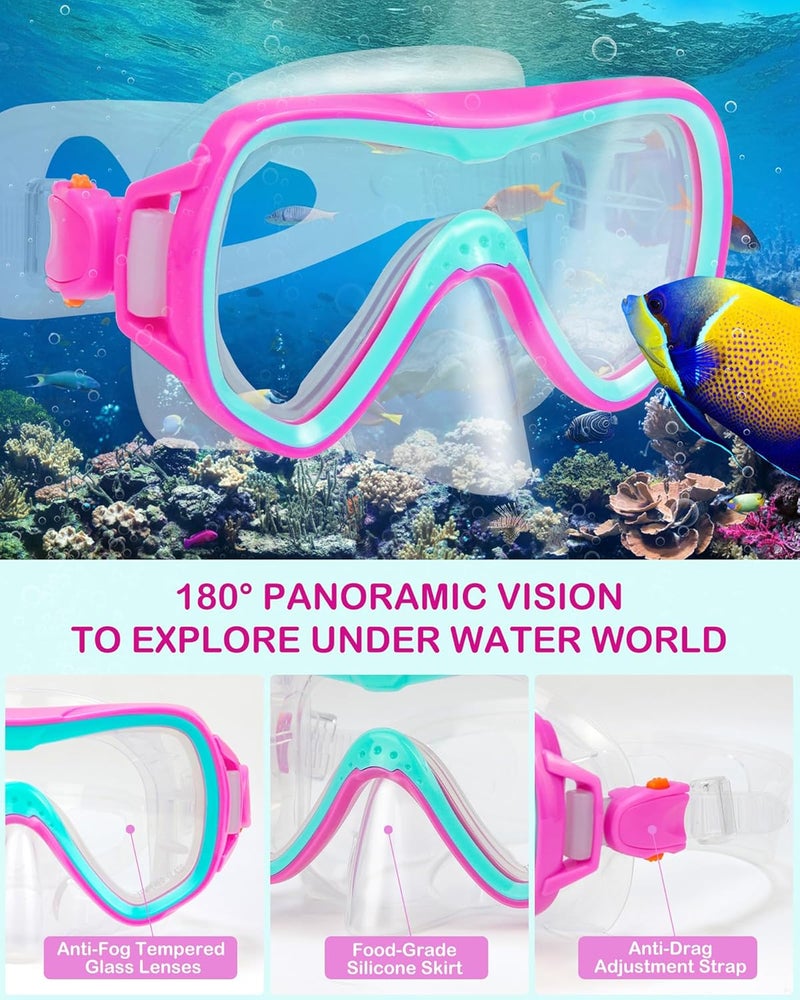 FosDero Kids Snorkel Set Mask Fins-Panoramic Snorkel Mask+Dry Top Snorkel+Adjustable Swim Fins+Mesh Bag+Earplugs for Boys Girls, Junior Snorkeling Gear for Kids Ages 5-14 - Image 3